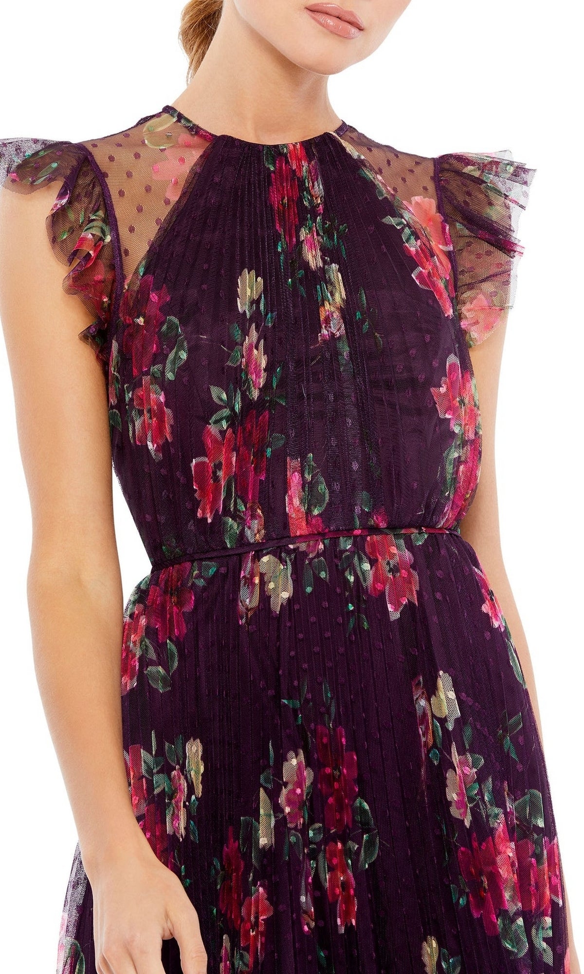 Woman wearing the Plum Print Midi Semi-Formal Dress: Mac Duggal 2143, a floral print party dress with sheer ruffled cap sleeves and a pleated bodice.